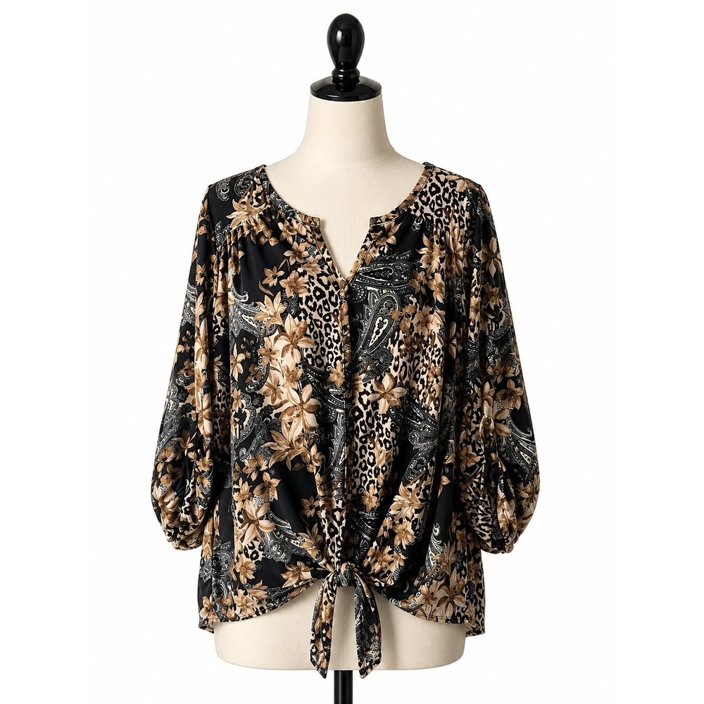 Ava & Grace Women's Printed Paisley. asian Hem Tie 3/4 Sleeve Blouse Size S